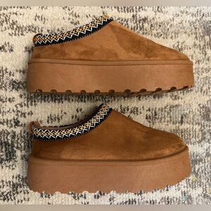 Mudd Brown Platform Mules with Woven Trim